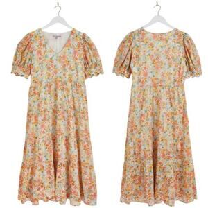 Oliver Bonas 14US / 46 EU Floaty Floral Print Scallop Sleeve Orange Midi Dress